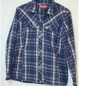 Simms Women's Size Medium Blue/Pink Plaid Long Sleeve Button Down Collared Shirt